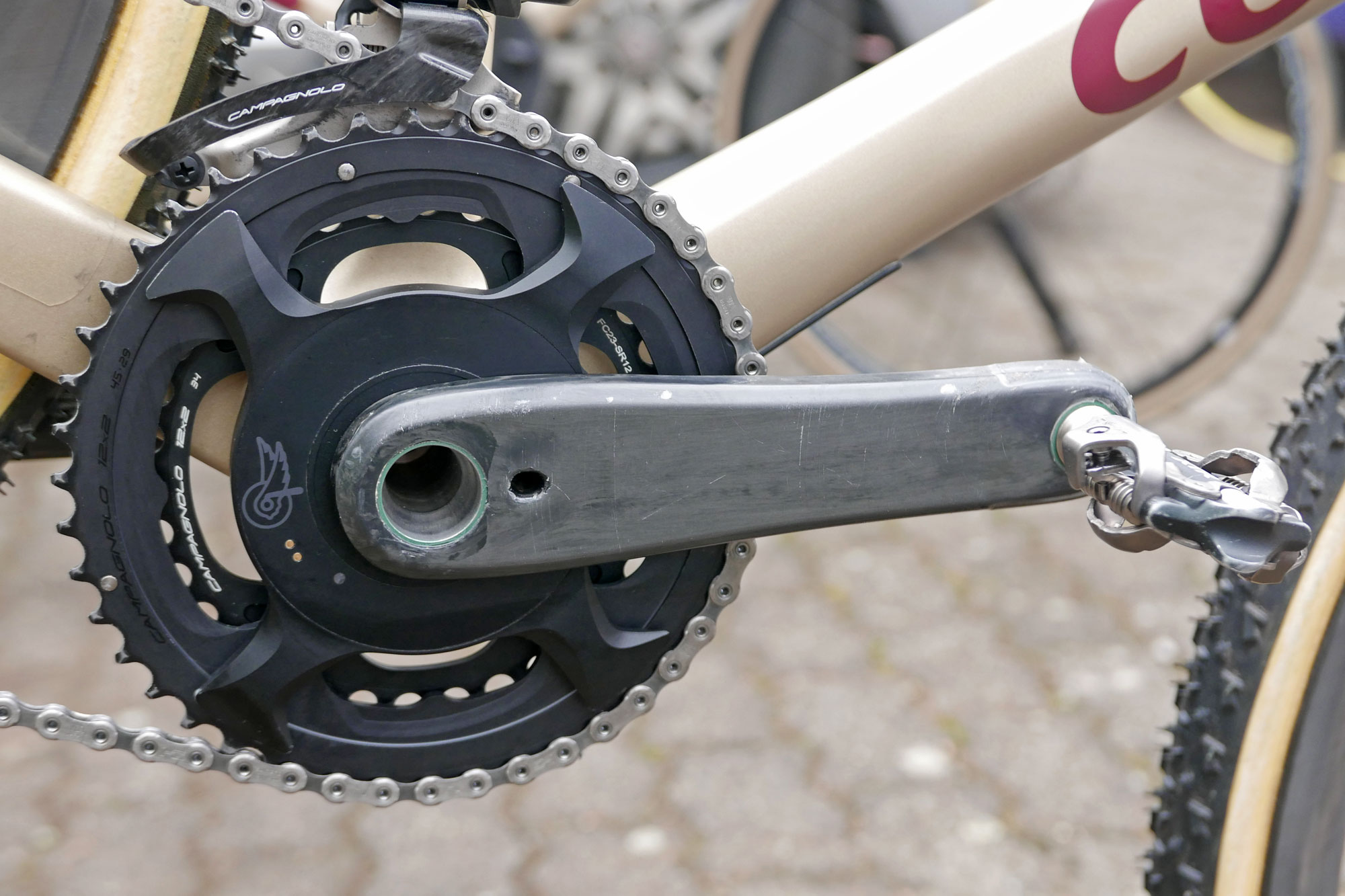 Campagnolo Super Record spider-based power meter prototype, Ryan Kamp Colnago G3-X, sneak peek, up close